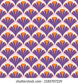 Abstract Ginkgo Biloba Leaves Natural Retro Geometric Vector Seamless Pattern Interior Style Design Perfect for Allover Fabric Print or Wall Paper Electric Purple Orange Tones