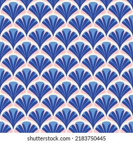 Abstract Ginkgo Biloba Leaves Natural Retro Geometric Vector Seamless Pattern Interior Style Design Perfect for Allover Fabric Print or Wall Paper Royal Blue Pastel Pink Tones