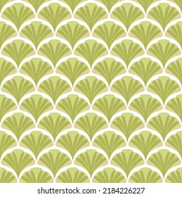 Abstract Ginkgo Biloba Leaves Natural Retro Geometric Vector Seamless Pattern Interior Style Design Perfect for Allover Fabric Print or Wall Paper Olive Green Tones