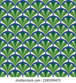 Abstract Ginkgo Biloba Leaves Natural Retro Geometric Vector Seamless Pattern Interior Style Design Perfect for Allover Fabric Print or Wall Paper Bright Green Blue Tones