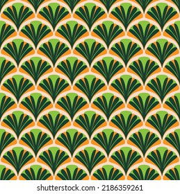 Abstract Ginkgo Biloba Leaves Natural Retro Geometric Vector Seamless Pattern Interior Style Design Perfect for Allover Fabric Print or Wall Paper Dark Green Orange Tones