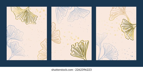 Abstract ginkgo biloba leaves templates set. Art deco background with vintage ink japanese leaves. Aesthetic botanical patterns for social media story poster invitation vector illustration