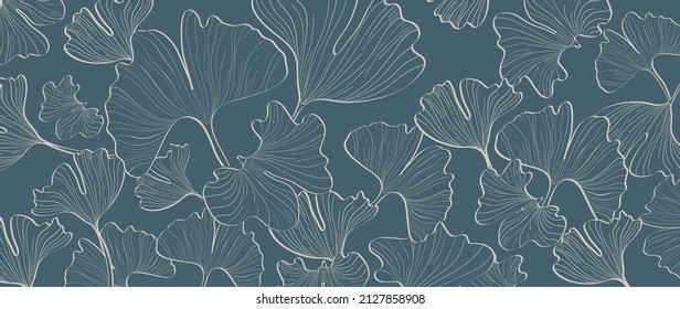 Abstraktes Ginkgo-Blatt auf blauem Hintergrund. Naturhintergrund aus Ginkgussblättern, Bilobaspflanzen in weißem Kunstmuster. Handgezeichnetes Design für Banner, Umschläge, Wandkunst, Wohnungsdekor, Stoff und Design.