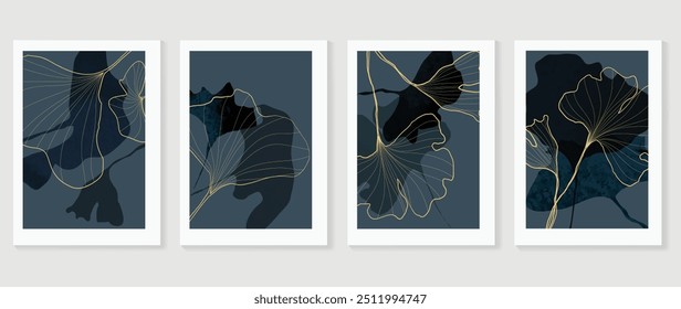 Abstract ginkgo leaf wall art vector. Collection of hand drawn leaves with navy blue watercolor texture, leaf branch, line art. Botanical poster set for wall decoration, interior, wallpaper, banner.