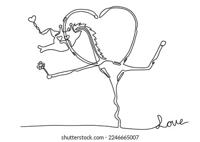 abstract giraffe cartoon character continuous on line holding flowers kissing falling in love.