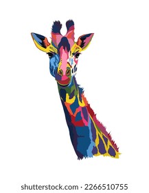 Abstract Giraffe head portrait from multicolored paints. Splash of watercolor, colored drawing, realistic. Vector illustration of paints