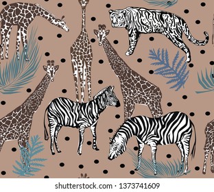abstract giraffes, zebra and tiger on black dot brown background, seamless pattern for textie texture  