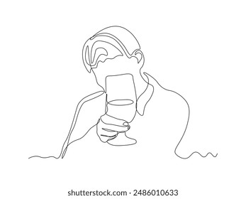 Abstract girl in a bar with a glass of wine,beer,whiskey,juice,continuous single line art drawing sketch, logo