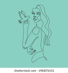 Abstract  girl with bird by one line vector drawing. Portrait minimalistic style. Woman with dove. Nature symbol of cosmetics. Modern continuous line art. Fashion print. Beaty salon