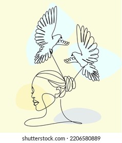 Abstract girl with bird by one line vector drawing. Portrait minimalistic style. Woman with dove. Nature symbol of cosmetics. Modern continuous line art. Fashion print. Beaty salon