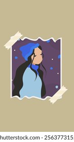 Abstract Girl In The Blue Sweater And Hat Gift Card Portrait Fashion Avatar Mobile Stories Torn Paper Frames For Your Design Or Mood Board Isolated Vector Design