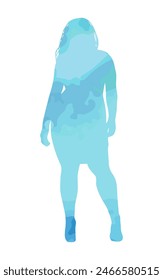 Abstract girl in a blue watercolor dress. Vector illustration