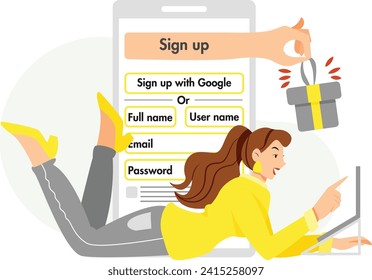 Abstract girl character lying down sign up on phone app to receive gifts illustration
