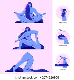 Abstract girl doing yoga and three mini illustration icons