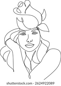 Abstract girl face with flowers one stroke vector drawing. Portrait minimalist style. Symbol of nature cosmetics. Modern continuous line art. Fashion print. Beaty salon logo. Hand drawn without artifi