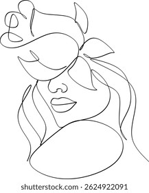 Abstract girl face with flowers one stroke vector drawing. Portrait minimalist style. Symbol of nature cosmetics. Modern continuous line art. Fashion print. Beaty salon logo. Hand drawn without artifi