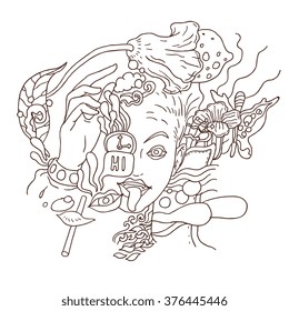 Abstract girl face print for clothes, hand drawn isolated vector graphic illustration. Design for stickers, logo, web and mobile app.