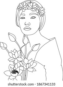 Abstract girl with flowers by one line vector drawing. Portrait minimalistic style. Botanical print. Nature symbol of cosmetics. Modern continuous line art. Fashion print. Beaty salon