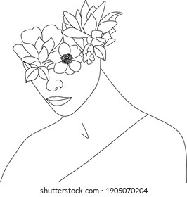 Abstract girl with flowers by one line vector drawing. Portrait minimalistic style. Botanical print. Nature symbol of cosmetics. Modern continuous line art. Fashion print. Beaty salon