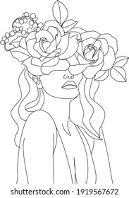 Abstract girl with flowers by one line vector drawing. Portrait minimalistic style. Botanical print. Nature symbol of cosmetics. Modern continuous line art. Fashion print. Beaty salon