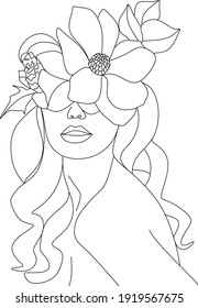 Abstract girl with flowers by one line vector drawing. Portrait minimalistic style. Botanical print. Nature symbol of cosmetics. Modern continuous line art. Fashion print. Beaty salon
