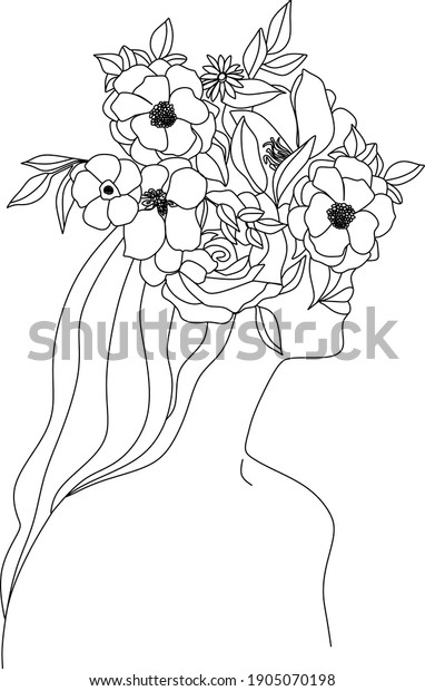 Abstract\
girl with flowers by one line vector drawing. Portrait minimalistic\
style. Botanical print. Nature symbol of cosmetics. Modern\
continuous line art. Fashion print. Beaty\
salon