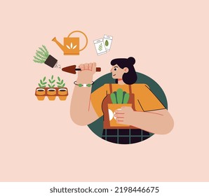 Abstract Girl Gardening Vector Illustration. Modern Horticulture Background With Potted Plants, Watering Can And Seeds. Gardener Concept. 