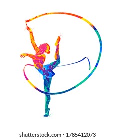 Abstract girl gymnast with ribbon from splash of watercolors. Vector illustration of paints