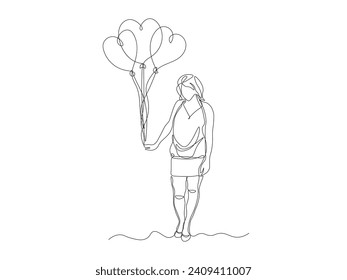 Abstract girl with heart shaped balloons, gift,love ,continuous one line art hand drawing sketch