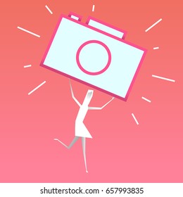 Abstract girl is holding camera in modern paper flat style. Concept for design branding, advertisement, cover, poster, background. Cartoon vector illustration.