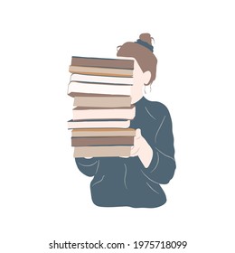 Abstract Girl holds a lot of books. Student holds books. Trendy paper art poster with abstract women. Vector illustration isolated on white background