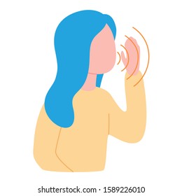 Abstract girl holds her hand and says, calls, invites, notifies. Welcome, attention, landmark, hint. Vector illustration on white background