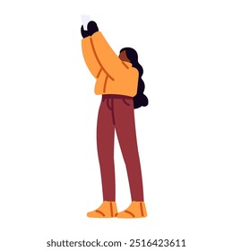 Abstract girl in jacket hands up and holds phone to take photo outdoor. Young woman in outerwear photography with smartphone camera in winter. Flat isolated vector illustration on white background