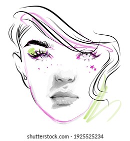 Abstract girl model face makeup drawing sketch. Beautiful young woman fashion portrait illustration.