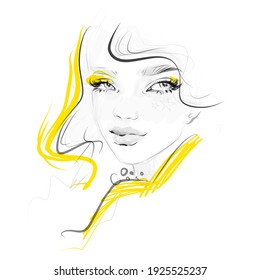 Resumen de modelo de chica cara maquillaje dibujo de dibujo. Hermosa ilustración de retrato de moda de mujer joven.