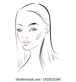 Abstract girl model face makeup drawing sketch. Beautiful young woman fashion portrait illustration.