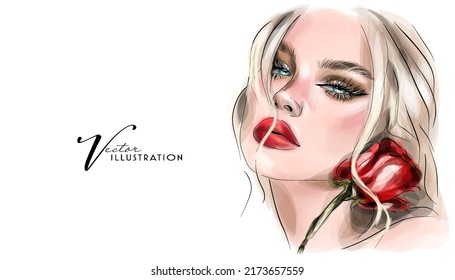 Abstract girl model face makeup drawing sketch. Beautiful young woman fashion portrait illustration. 