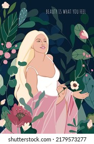 Resumen de la belleza natural de las niñas con hojas y flores, dibujo a mano. Mujer retrato sonriendo sobre el fondo floral para vacaciones de primavera de naipes, Día de la Madre, cosmética, moda. Ilustración del vector