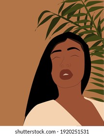 Abstract girl portrait. Background design, plants. illustration in minimalistic style. Vector print.