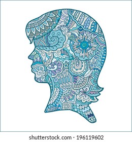 Abstract girl profile, isolated silhouette on white background, tribal ethnic ornamental pattern
