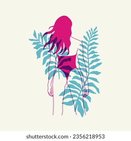 Abstract girl riso print style. Hand drawn lady silhouette in leaves, minimalist organic elements overlay effect. Vector art poster