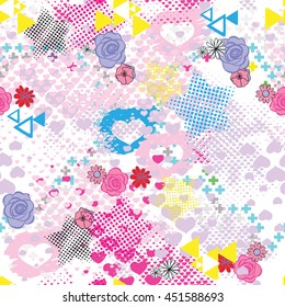 Abstract girl seamless pattern for textile. Fashion style.  Wallpaper with neon lightning, star, dots , hearts . Modern grunge background for girl.
