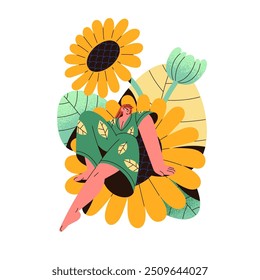 Chica Abstractas se sienta en gran flor de verano. Linda mujer diminuta se relaja en el girasol. El personaje divertido descansa en la planta de la flor. Florecer la naturaleza. Ilustración vectorial aislada plana sobre fondo blanco