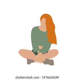 Abstract Girl sitting cross-legged, relaxed. Cozy Modern Aesthetic vector flat illustration isolated on white background