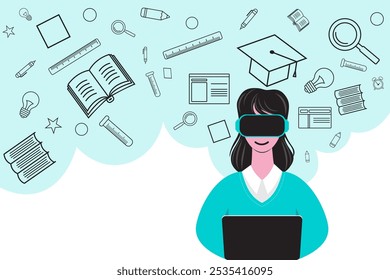 Abstract girl sitting at a laptop in VR glasses, surrounded by education-related icons. Concept of education using modern technologies and virtual reality. Futuristic learning experience.