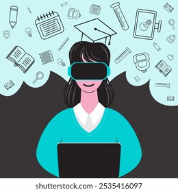 Abstract girl sitting at a laptop in VR glasses, surrounded by education-related icons. Concept of education using modern technologies and virtual reality. Futuristic learning experience.