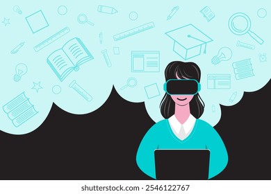 Abstract girl sitting at a laptop in VR glasses, surrounded by education-related icons. Concept of education using modern technologies and virtual reality. Futuristic learning experience.