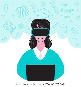 Abstract girl sitting at a laptop in VR glasses, surrounded by education-related icons. Concept of education using modern technologies and virtual reality. Futuristic learning experience.