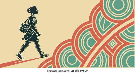 Abstract - girl, skirt, shoulder bag, sneakers, trainers, walking, confident gait, rising, rounded pattern, clouds, smoke