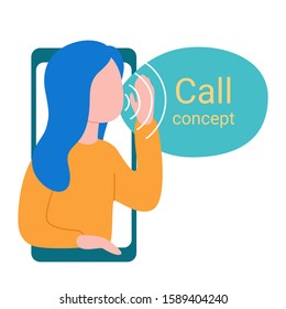 Abstract girl from smartphone holds her hand and says, calls, invites, notifies. Barker, blogger, influence. Welcome, attention, landmark, hint. Vector illustration on white background